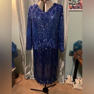 Vintage Sténay blue sequined two piece dress, size XL